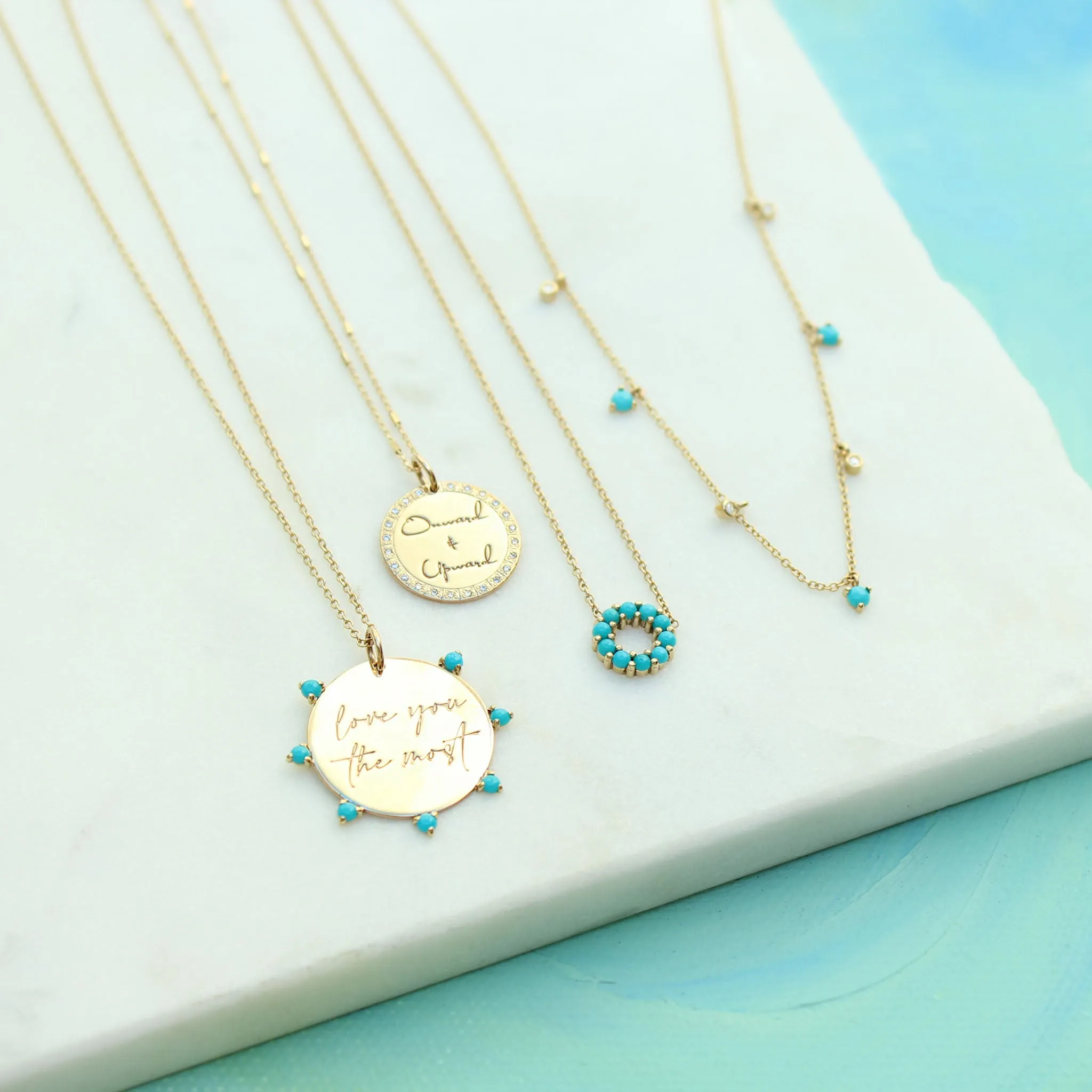 14k Single Medium love you the most Disc with Prong Turquoise Charm Pendant