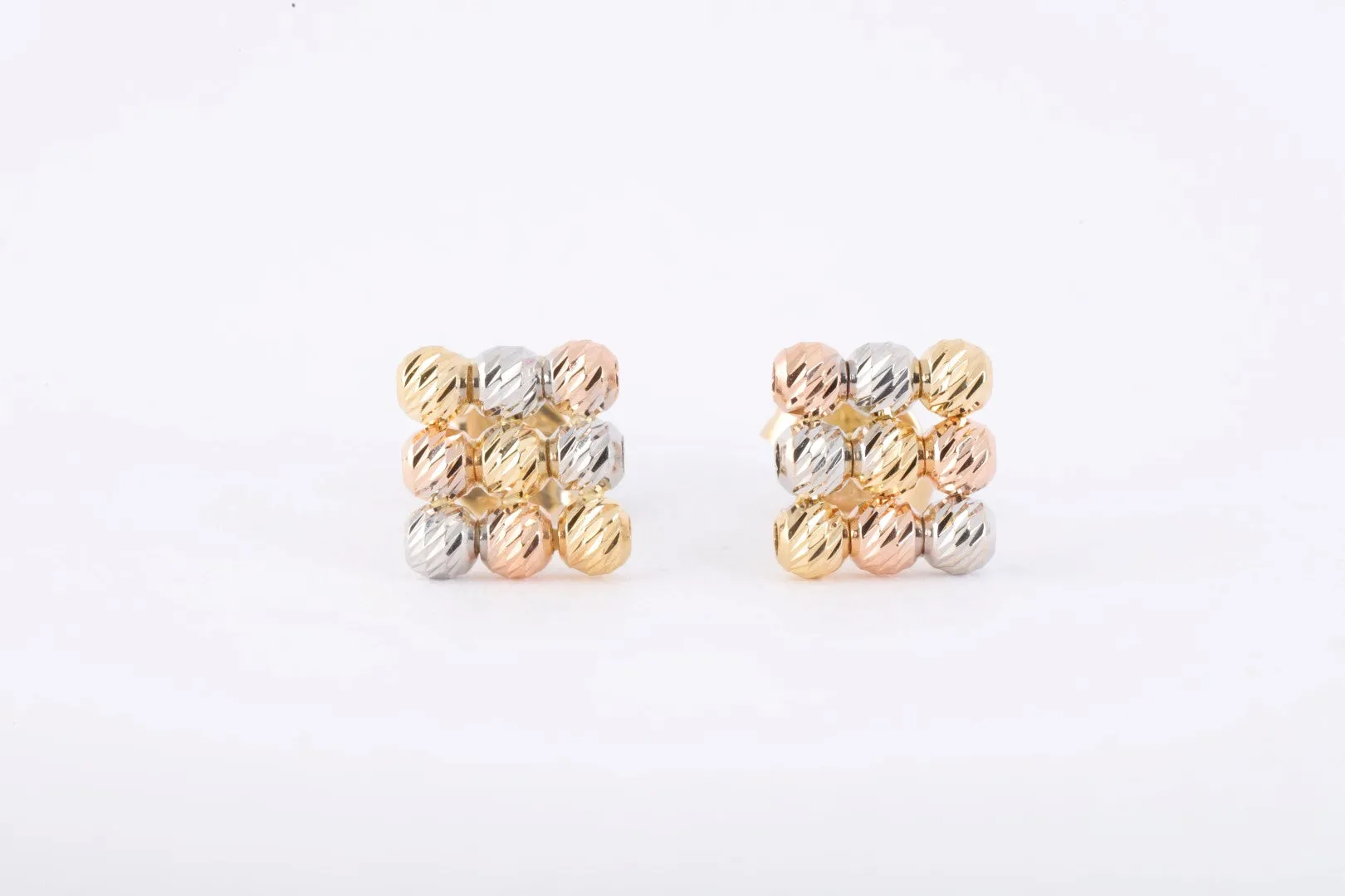 18k Tri-Tone Gold Beaded Square Stud Earrings (1.89g.)