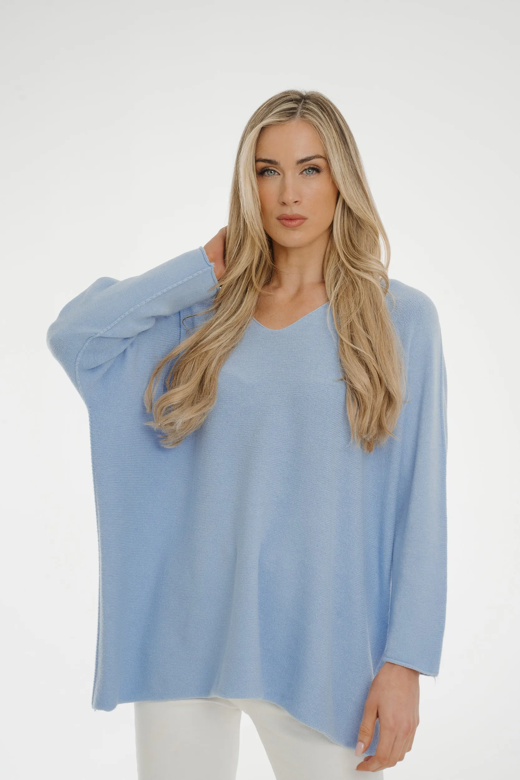 Amber V-Neck Jumper In Light Blue