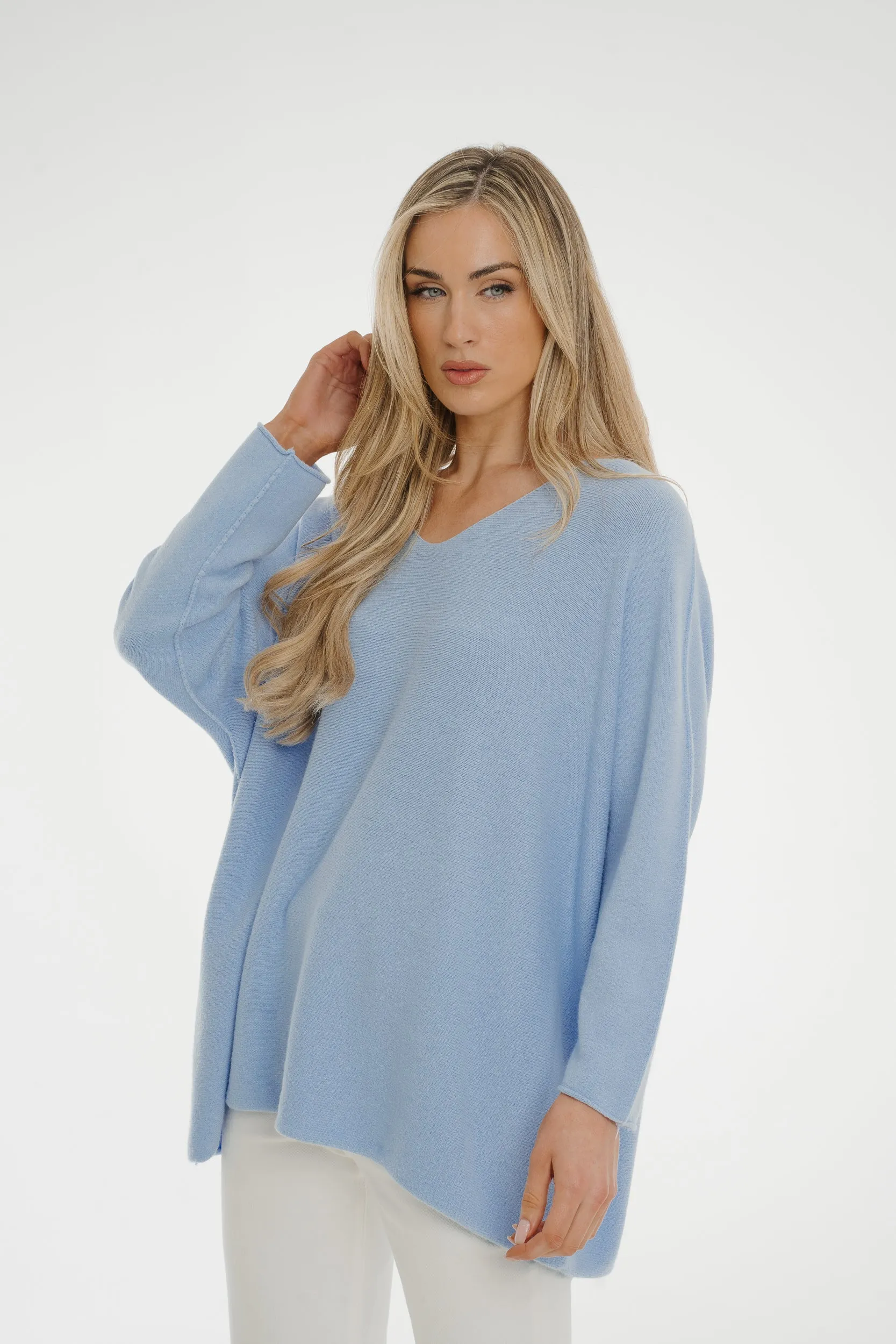 Amber V-Neck Jumper In Light Blue