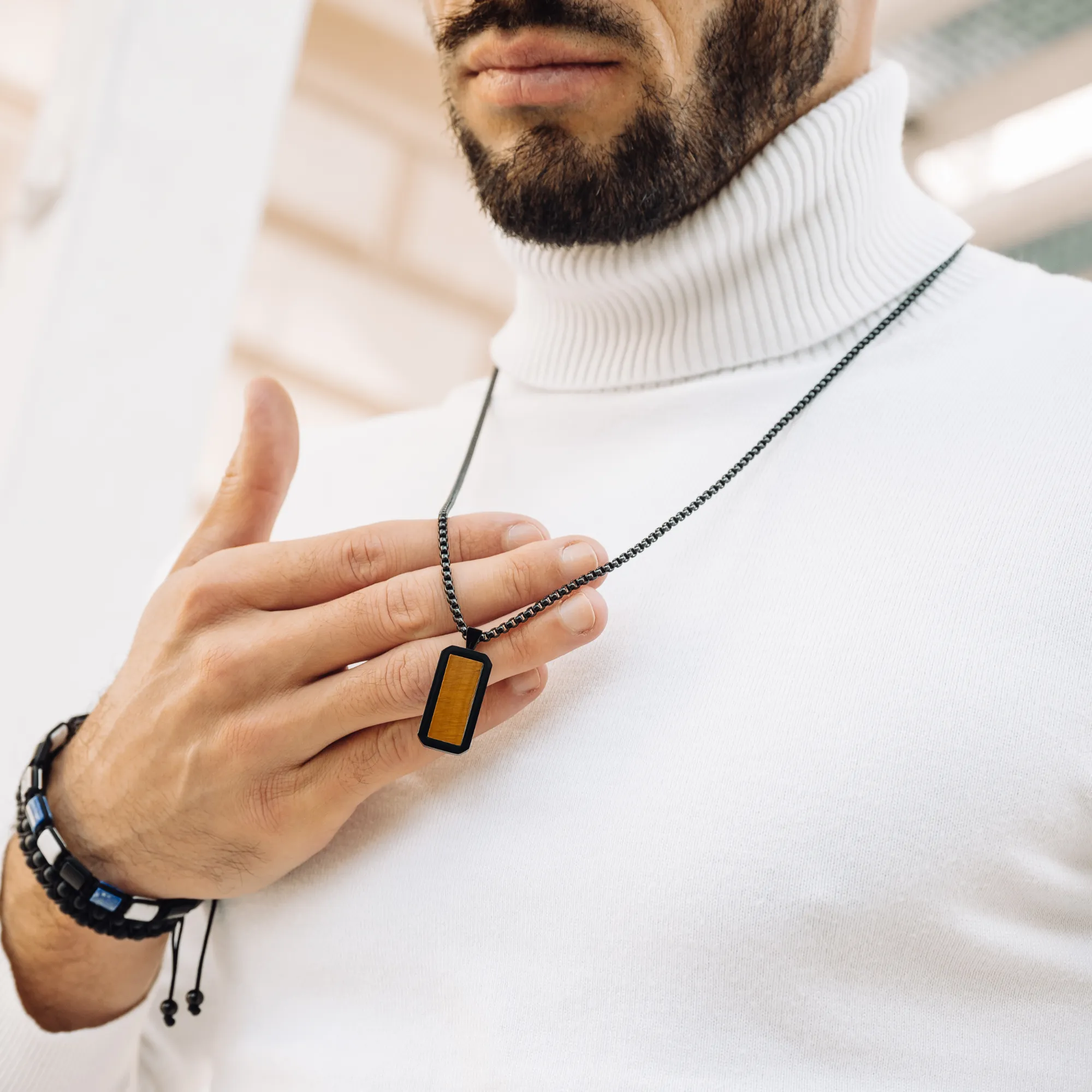 Black Necklace with Rectangle Tiger Eye Pendant