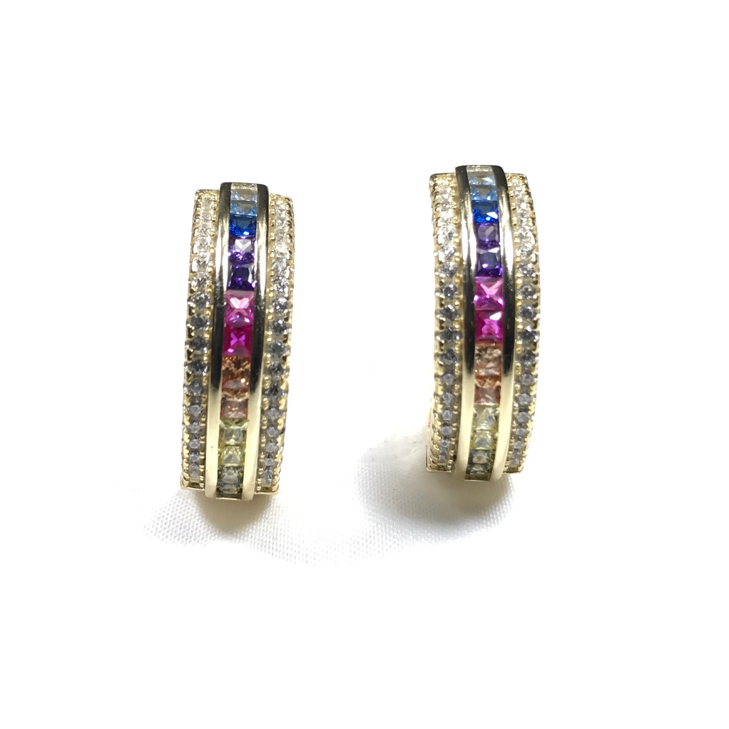 Channel Set Rainbow CZ With White CZ Border Hoop Earrings