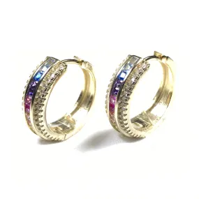 Channel Set Rainbow CZ With White CZ Border Hoop Earrings