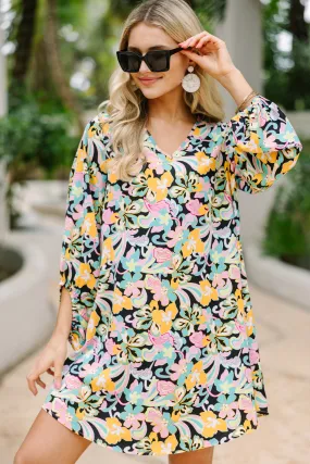 Clear Love Black Floral Bubble Sleeve Dress