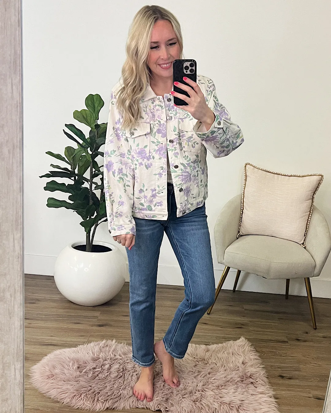 Daniela Ivory Denim Jacket with Lavender Floral Print