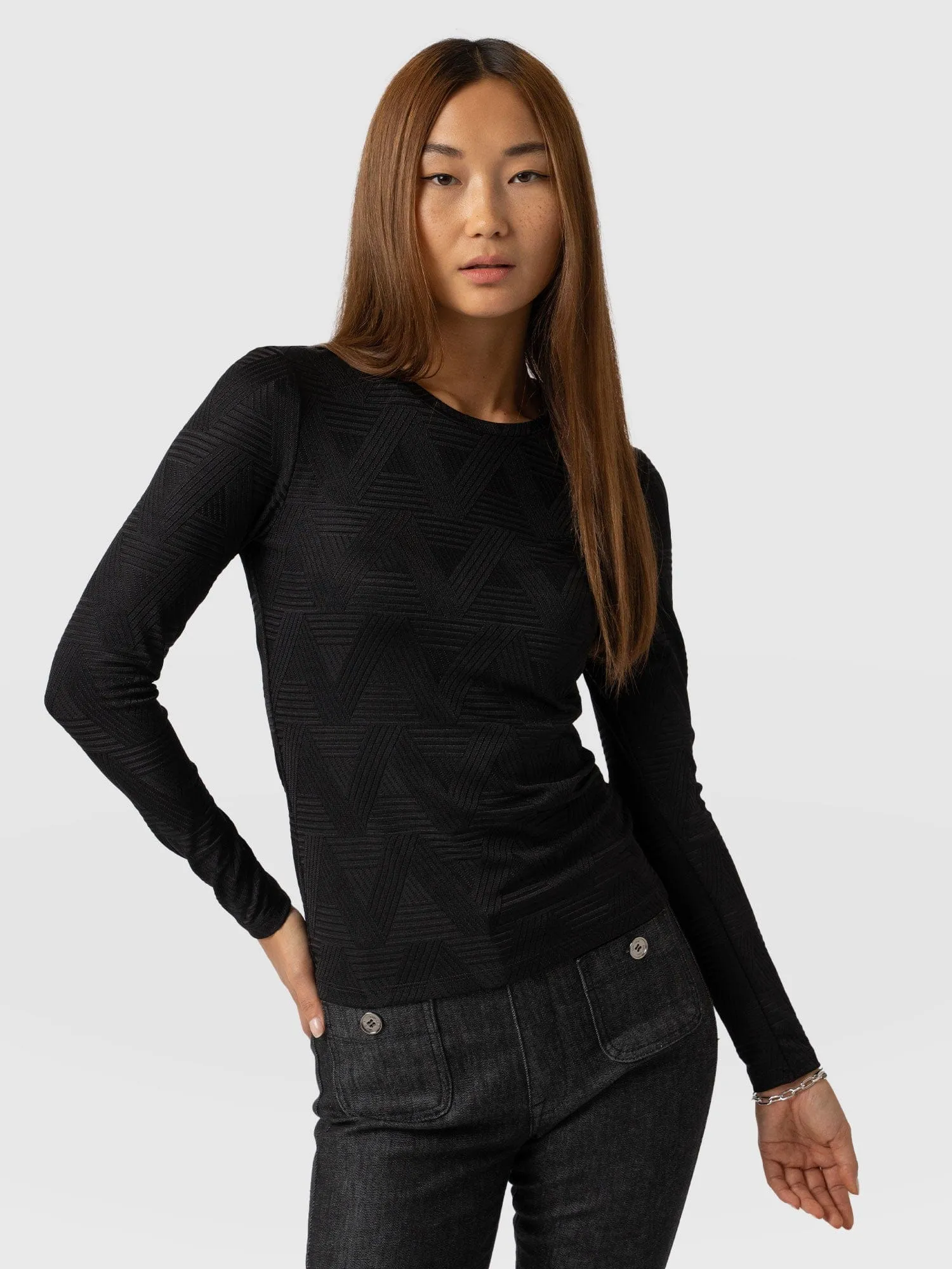 Darcey Long Sleeve Tee - Black Jacquard