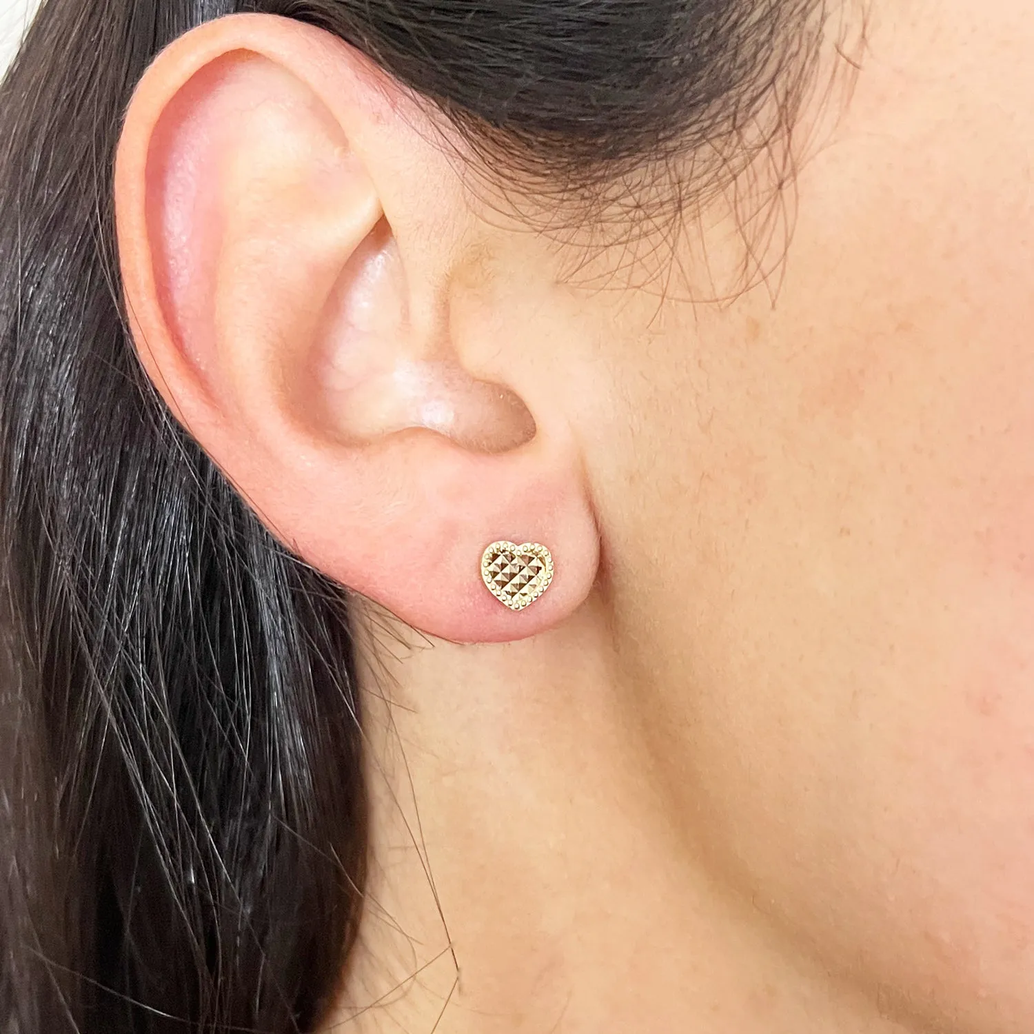 Diamond Cut Heart Stud Earrings