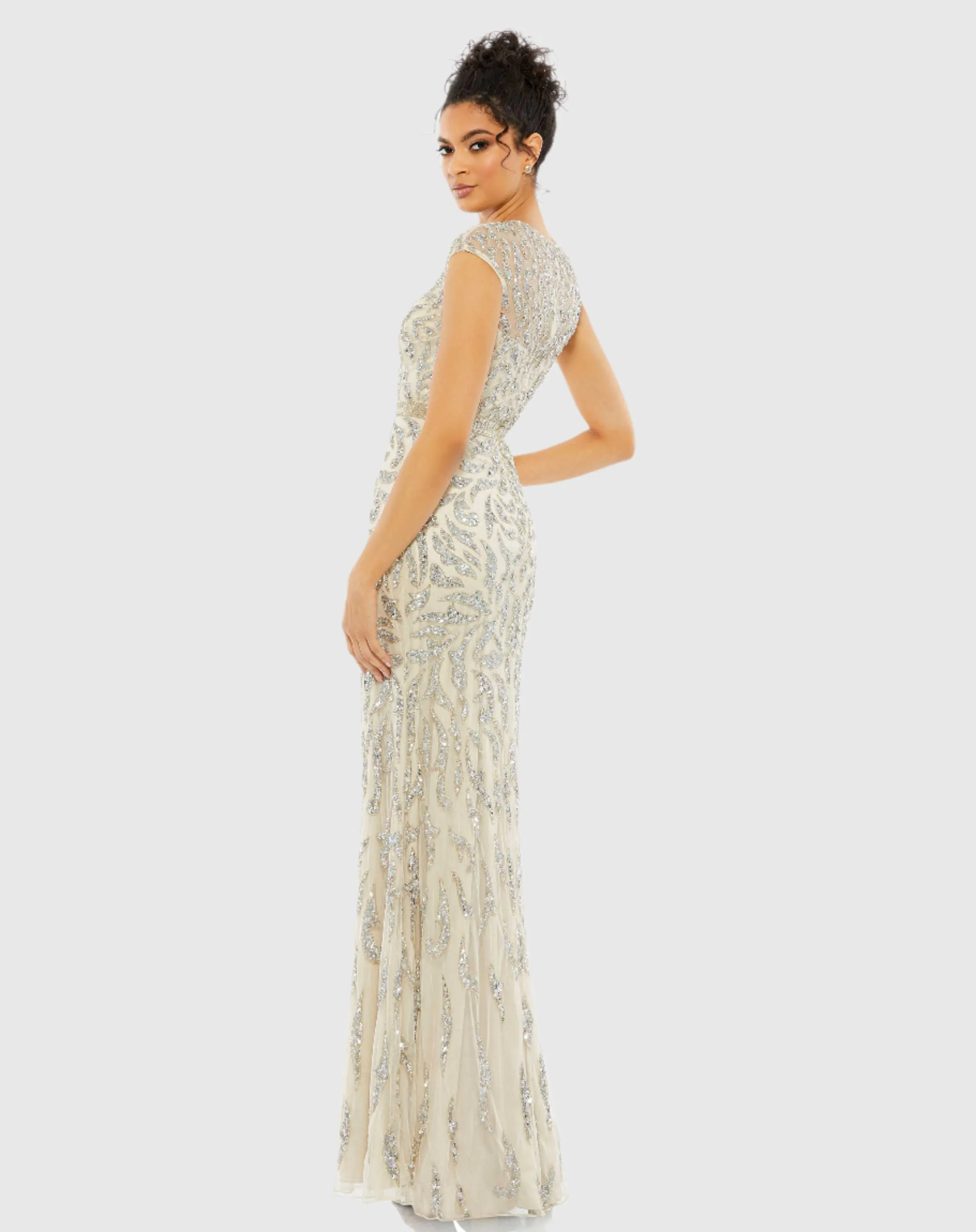 Embellished Illusion Cap Sleeve Column Gown