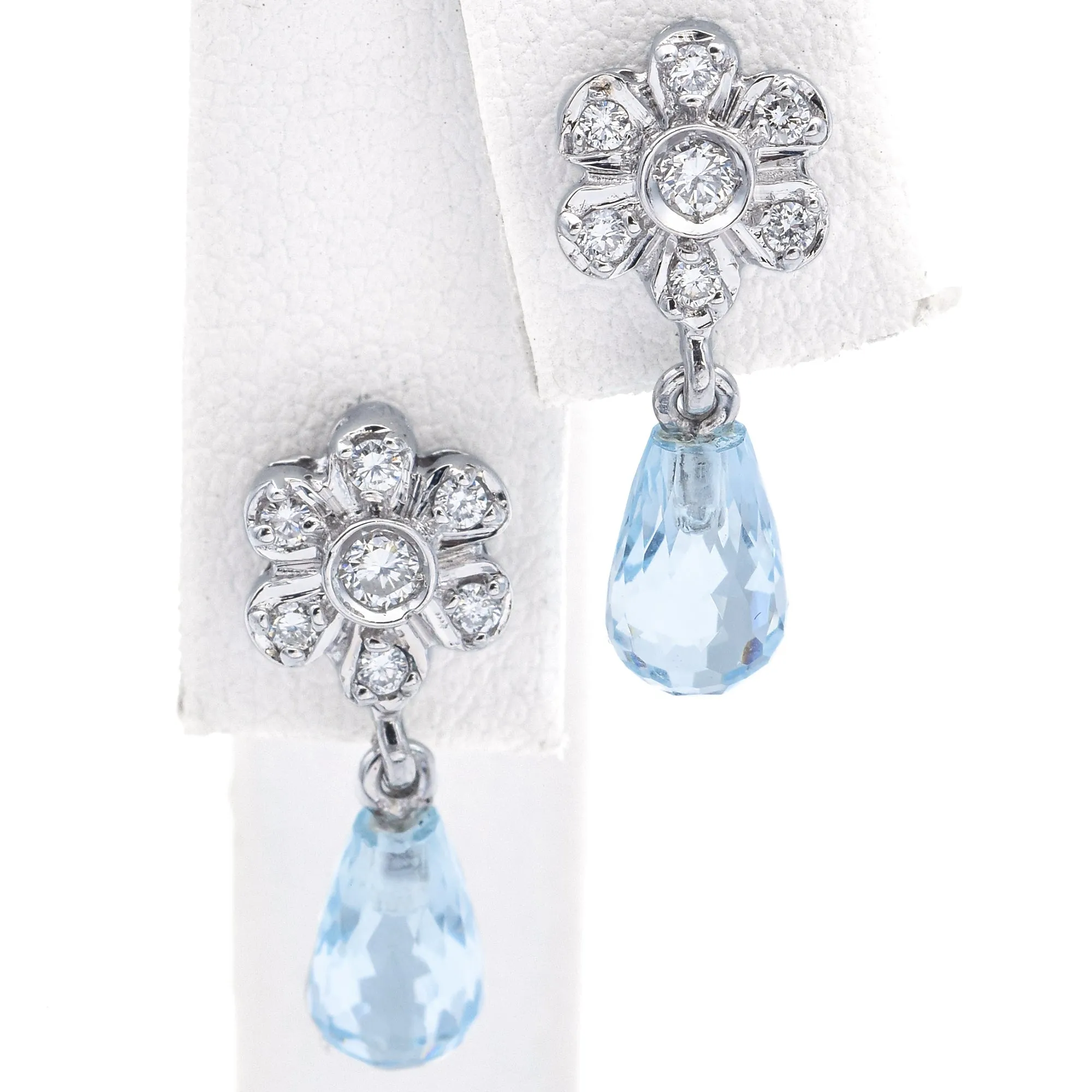 Estate 14K White Gold Aquamarine & Diamond Floral Dangle Earrings