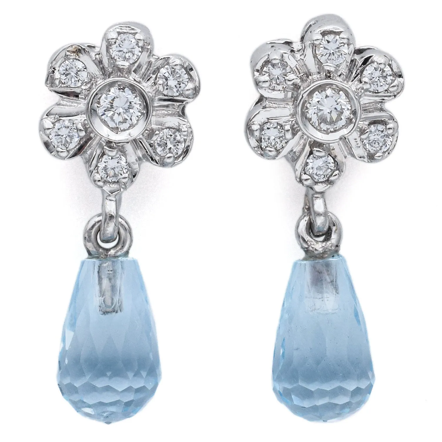 Estate 14K White Gold Aquamarine & Diamond Floral Dangle Earrings