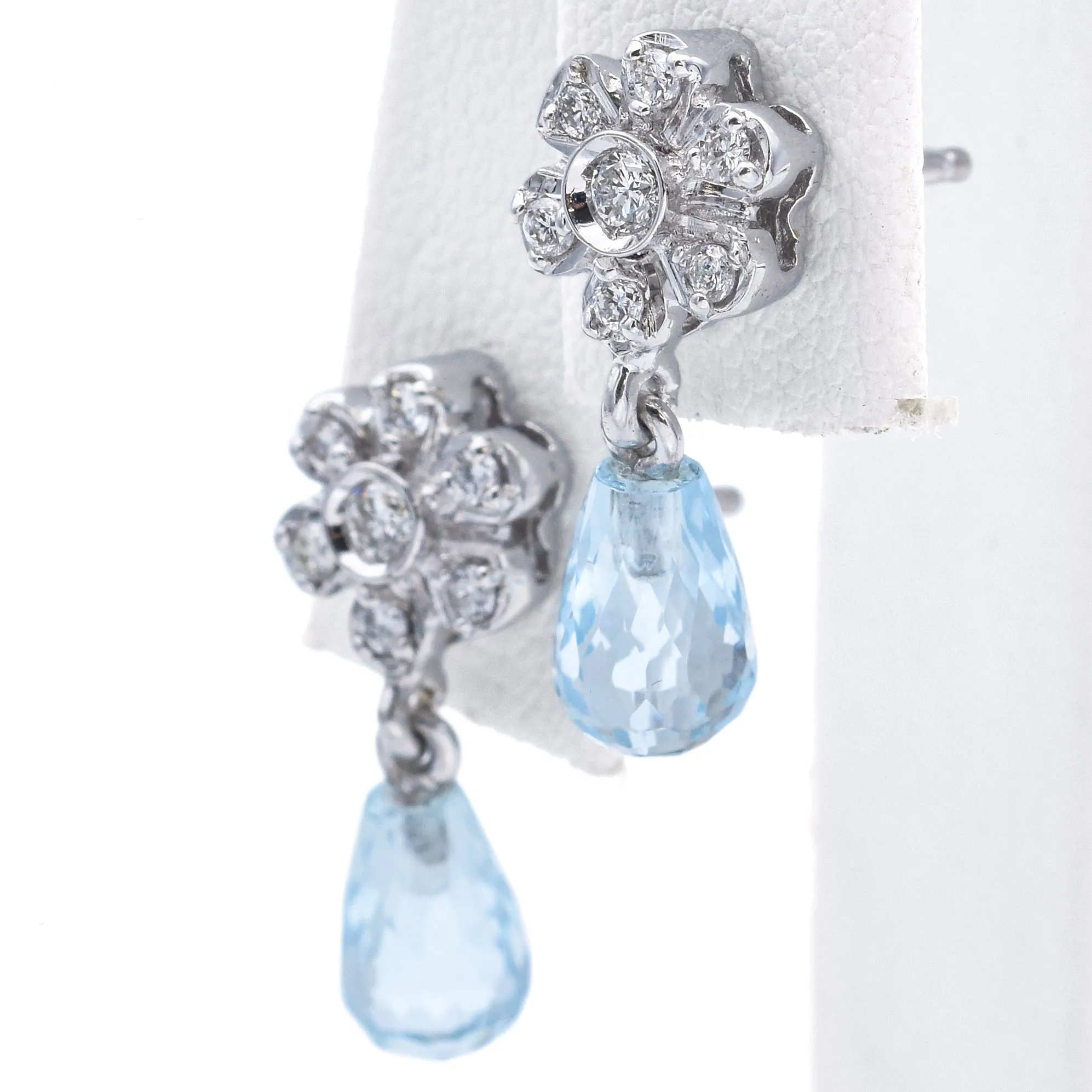 Estate 14K White Gold Aquamarine & Diamond Floral Dangle Earrings