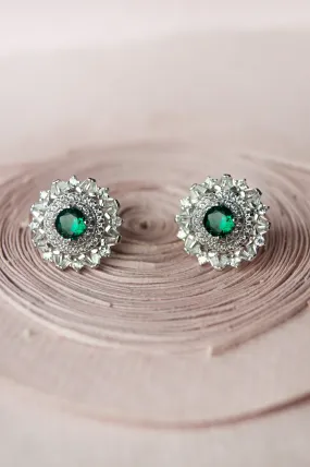 Floral Colorstone Statement Sterling Silver Stud Earrings - Green