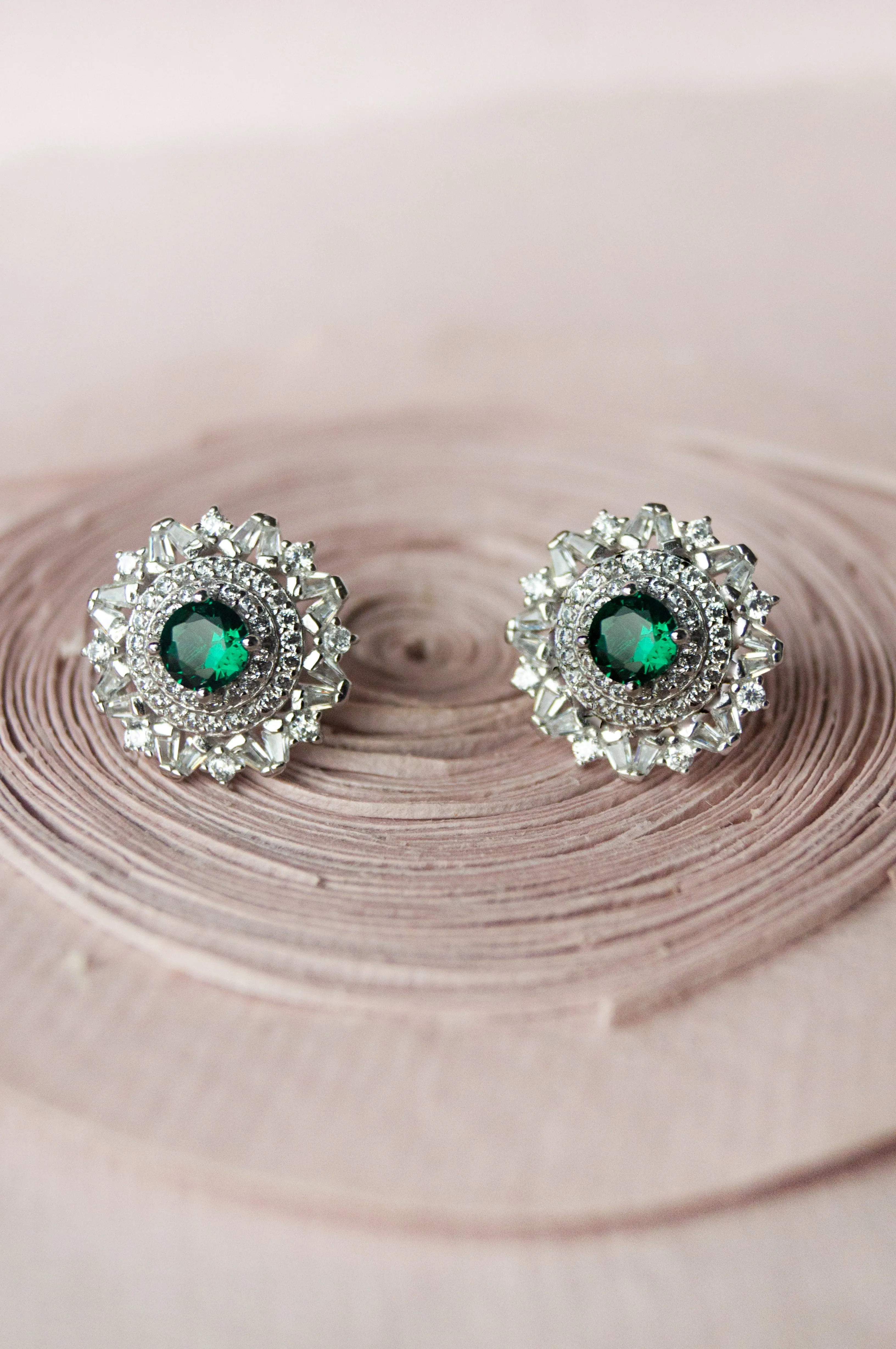 Floral Colorstone Statement Sterling Silver Stud Earrings - Green