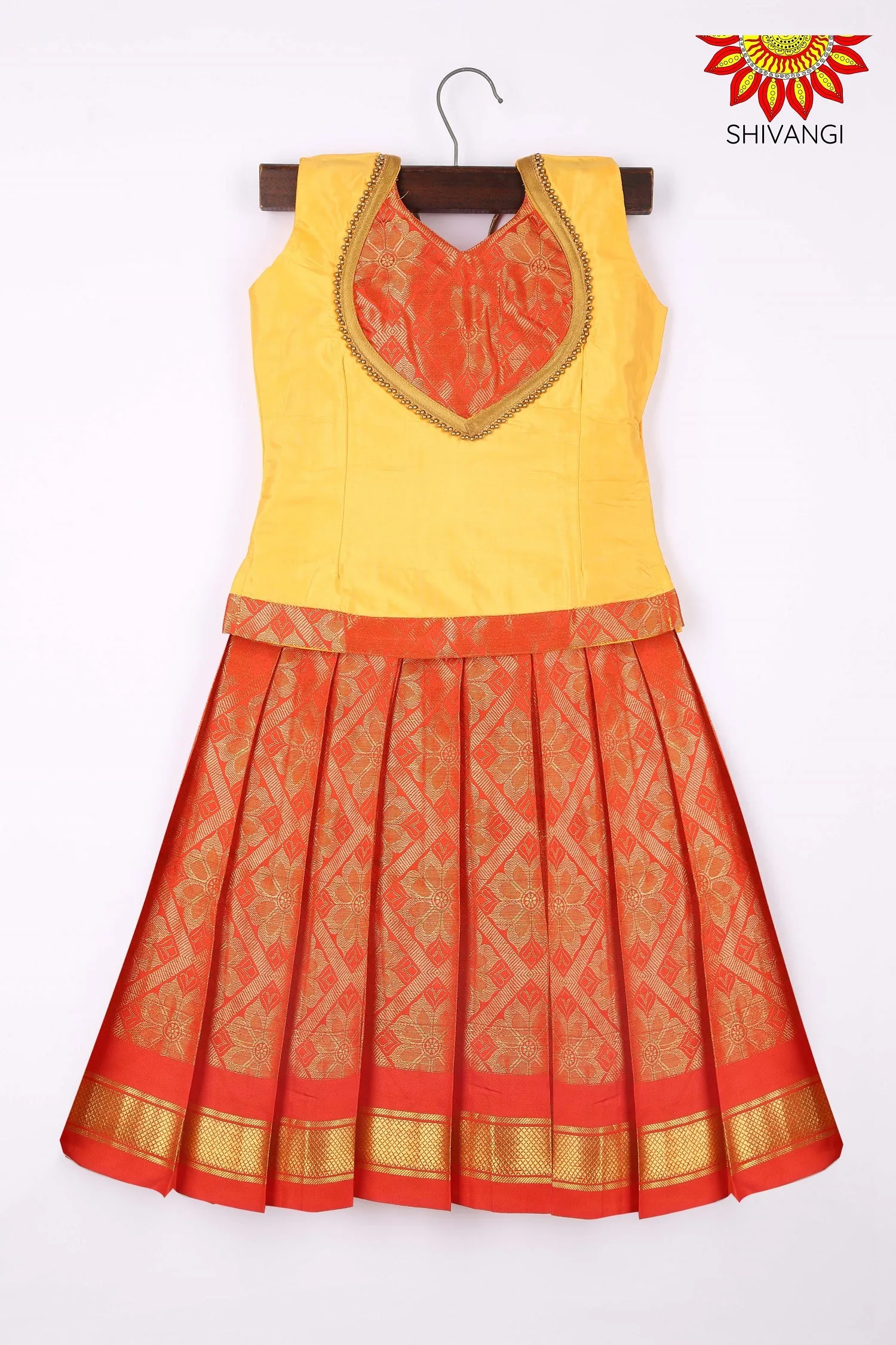 Girls Art Silk Orange Pattu Pavadai