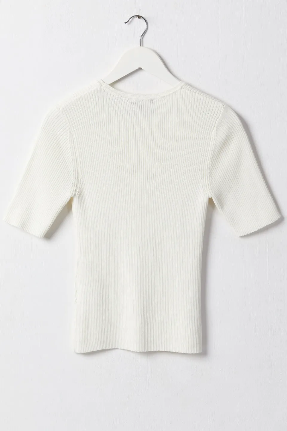 Graceful Ivory Rib Knit Half Sleeve Crew Neck Top