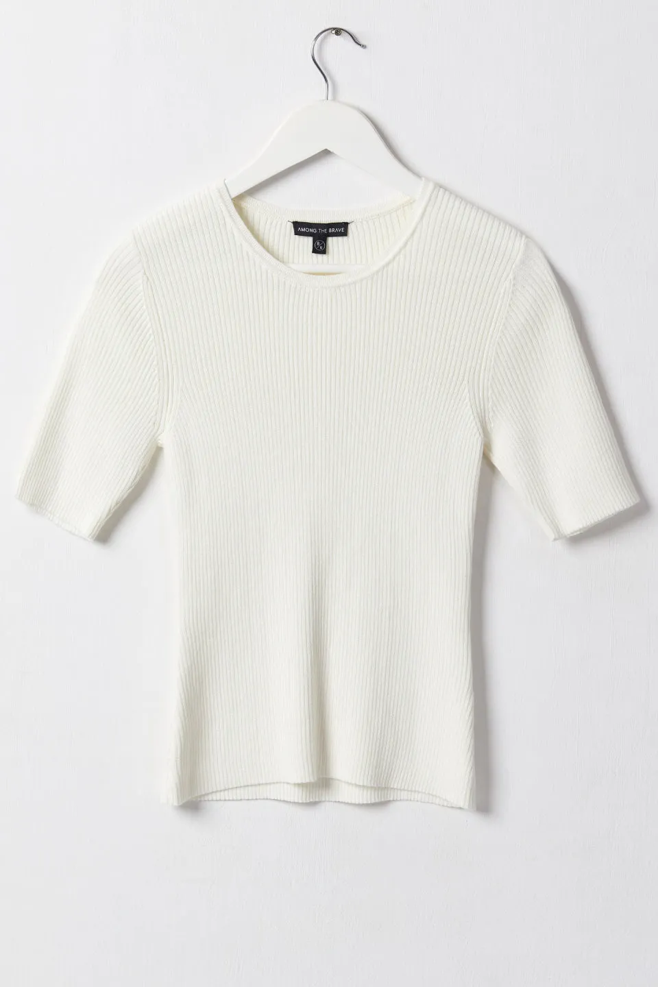 Graceful Ivory Rib Knit Half Sleeve Crew Neck Top