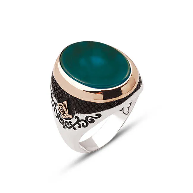 Green Agate Stone Ellipse Silver Men’s Ring Siding Ottoman Tughra and Branch Pattern