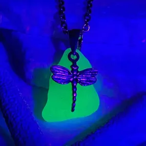 Green UV Sea Glass Pendant with Dragonfly Charm | #5289