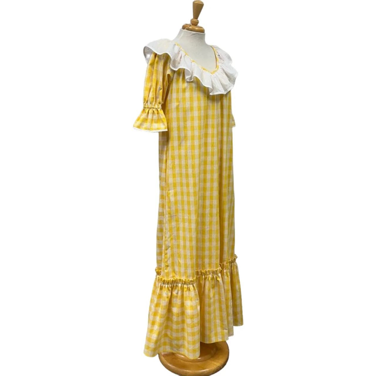 Hawaiian Yellow Palaka Muumuu with White Ruffle 8631