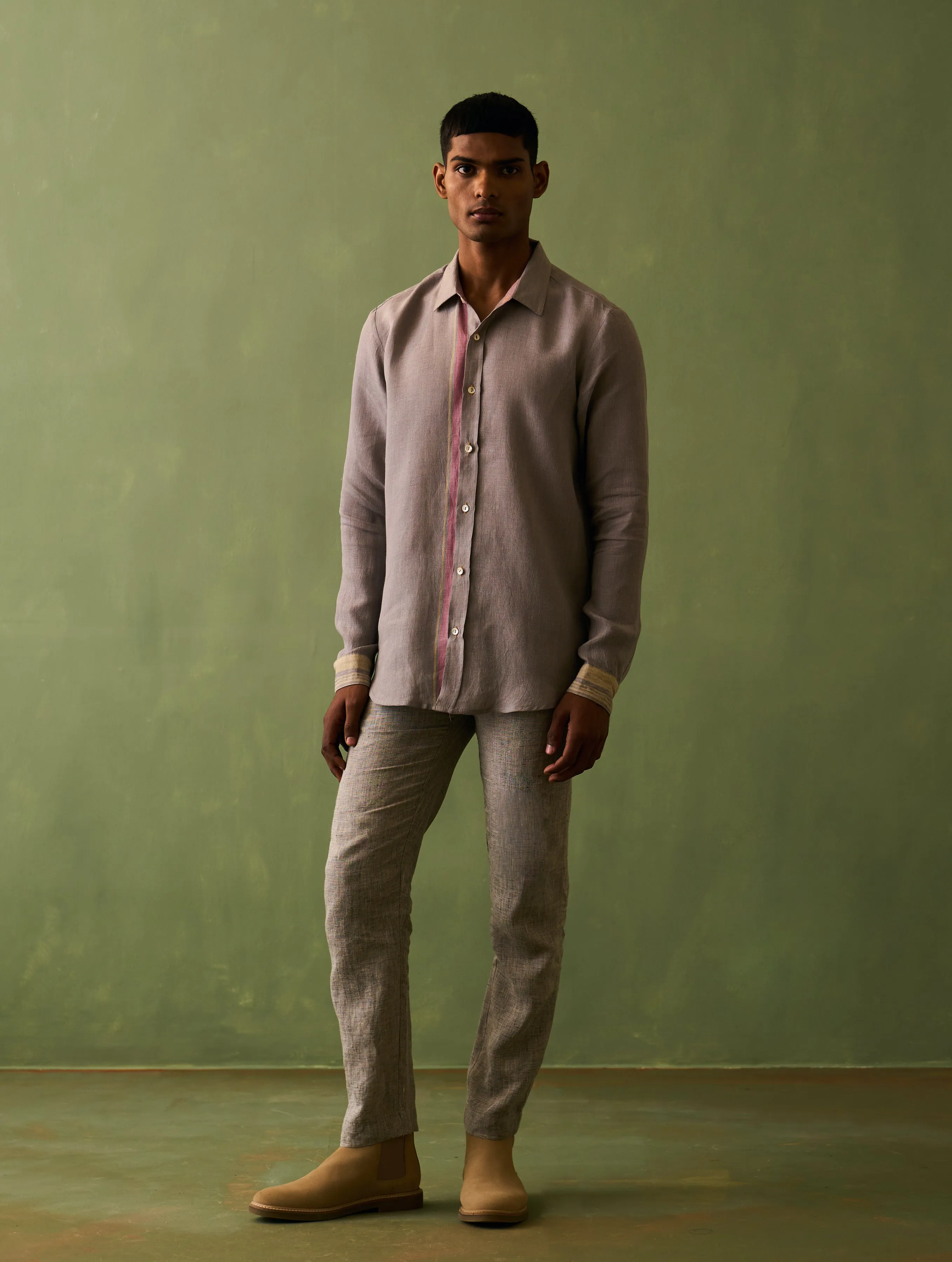 Jiro Border Linen Shirt - Ash