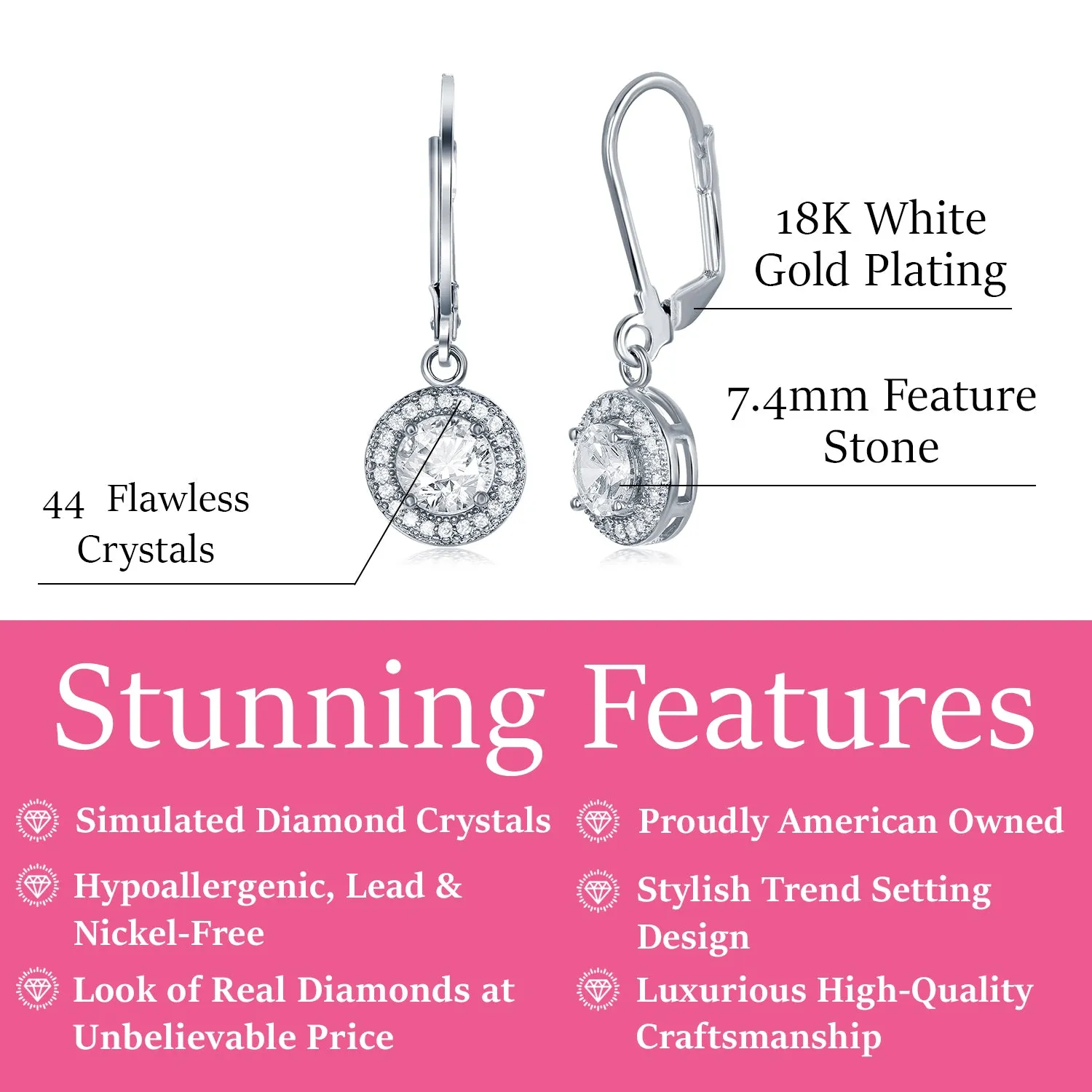 Juliana 18k White Gold Plated Round Cut CZ Halo Drop Earrings