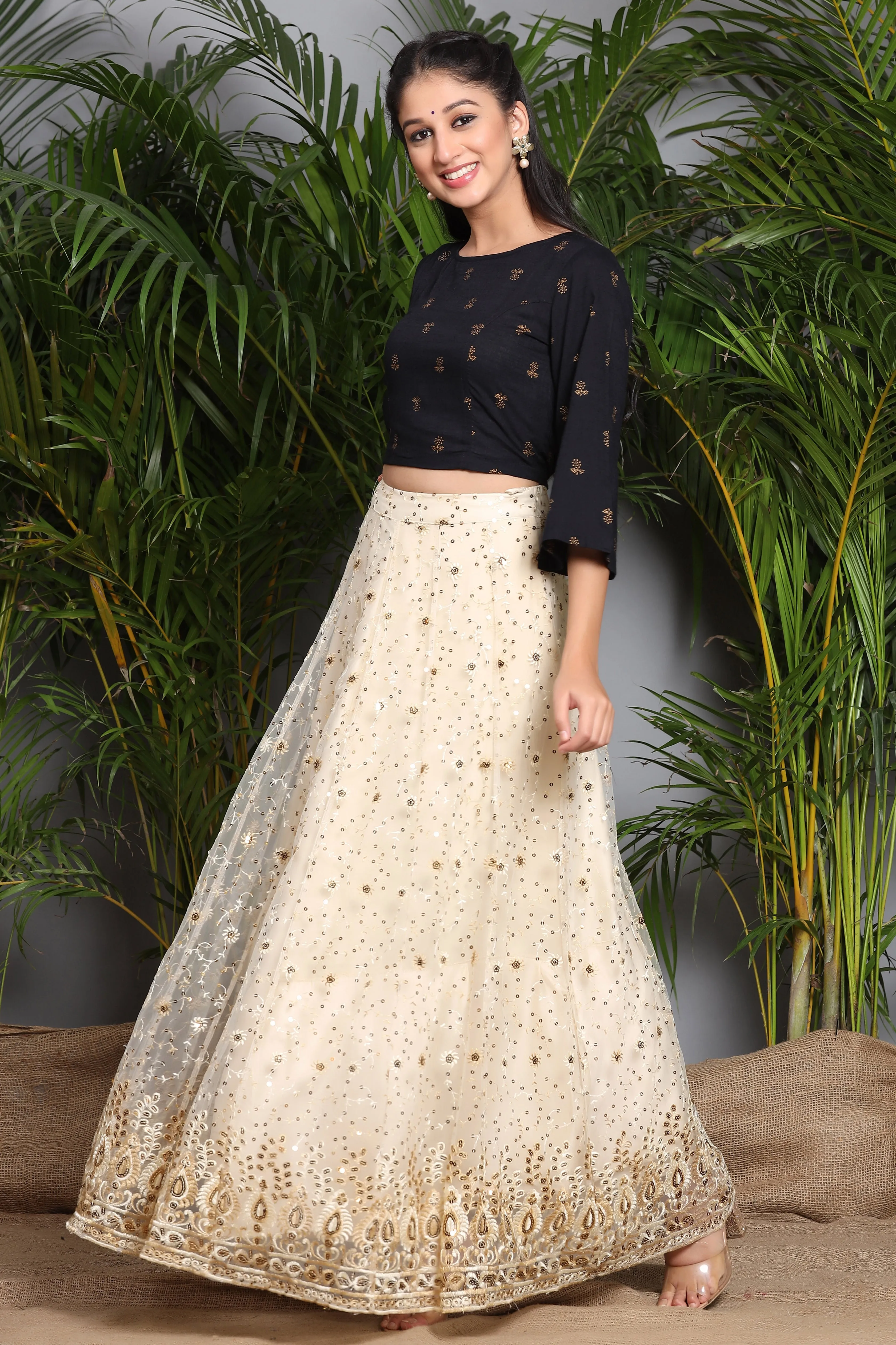 Juniper Ivory Floral Printed Rayon Slub Lehenga Choli Set With Sequins Embellishments