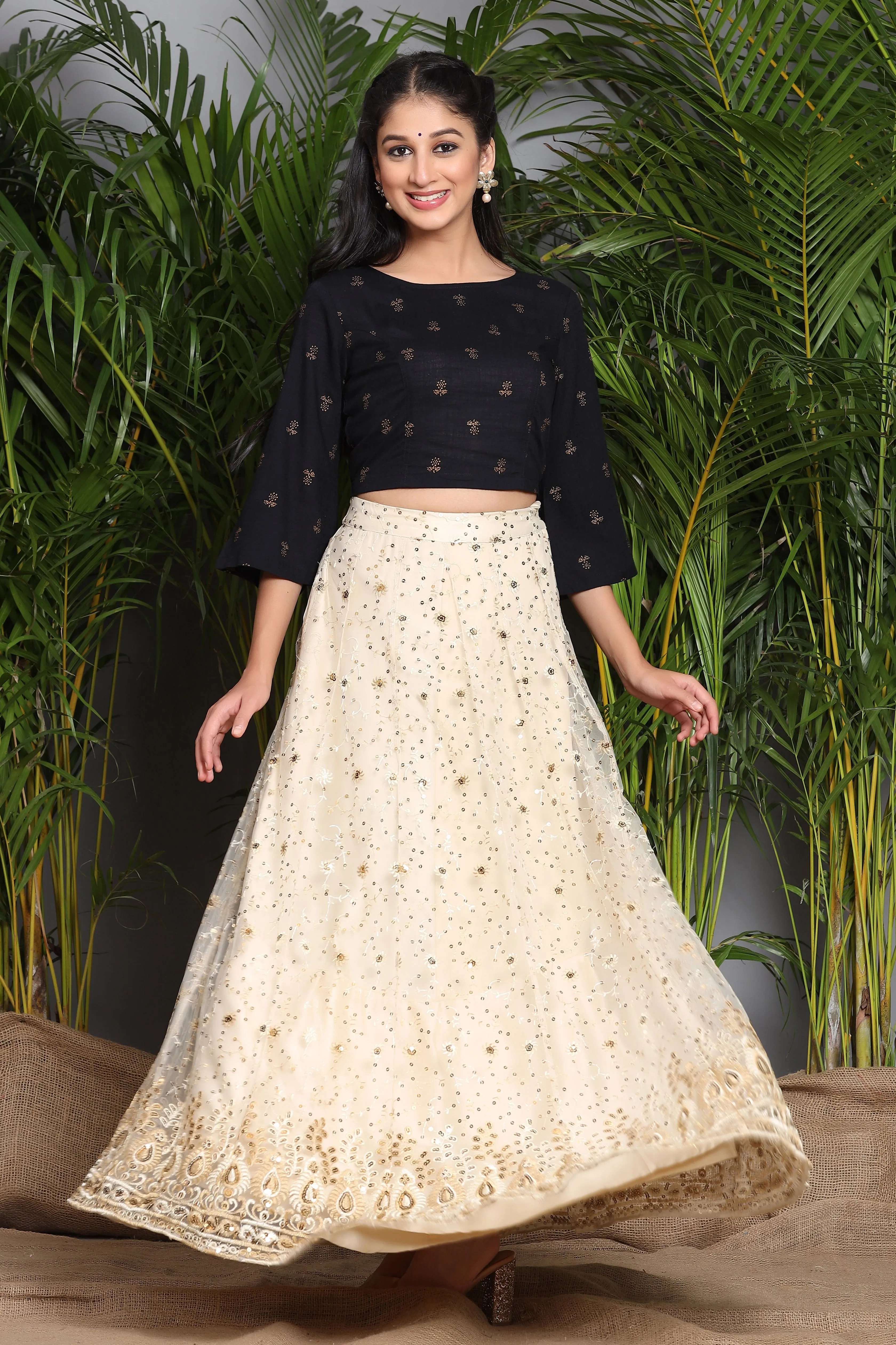 Juniper Ivory Floral Printed Rayon Slub Lehenga Choli Set With Sequins Embellishments