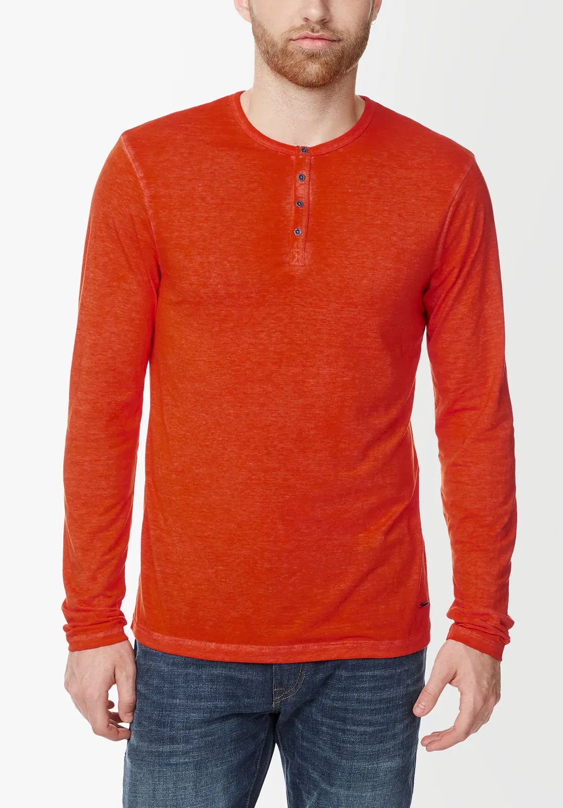 Kaduk Men's Long-Sleeve Burnout Henley Top in Orange - BM23992