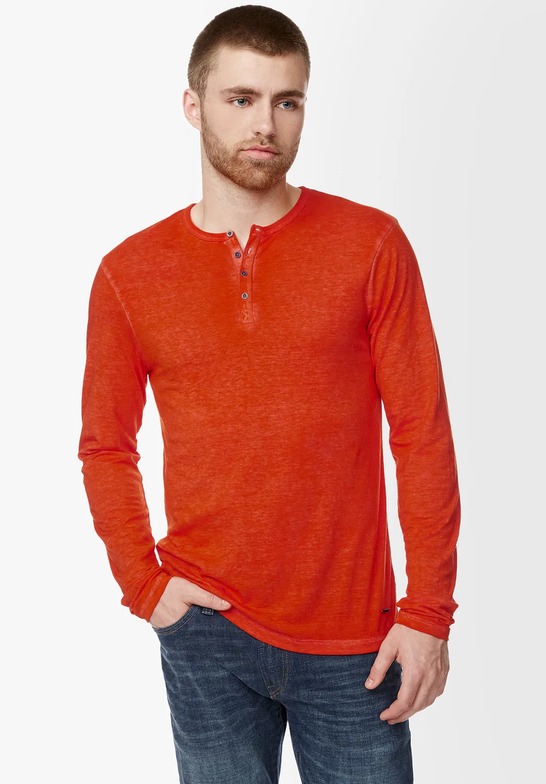 Kaduk Men's Long-Sleeve Burnout Henley Top in Orange - BM23992