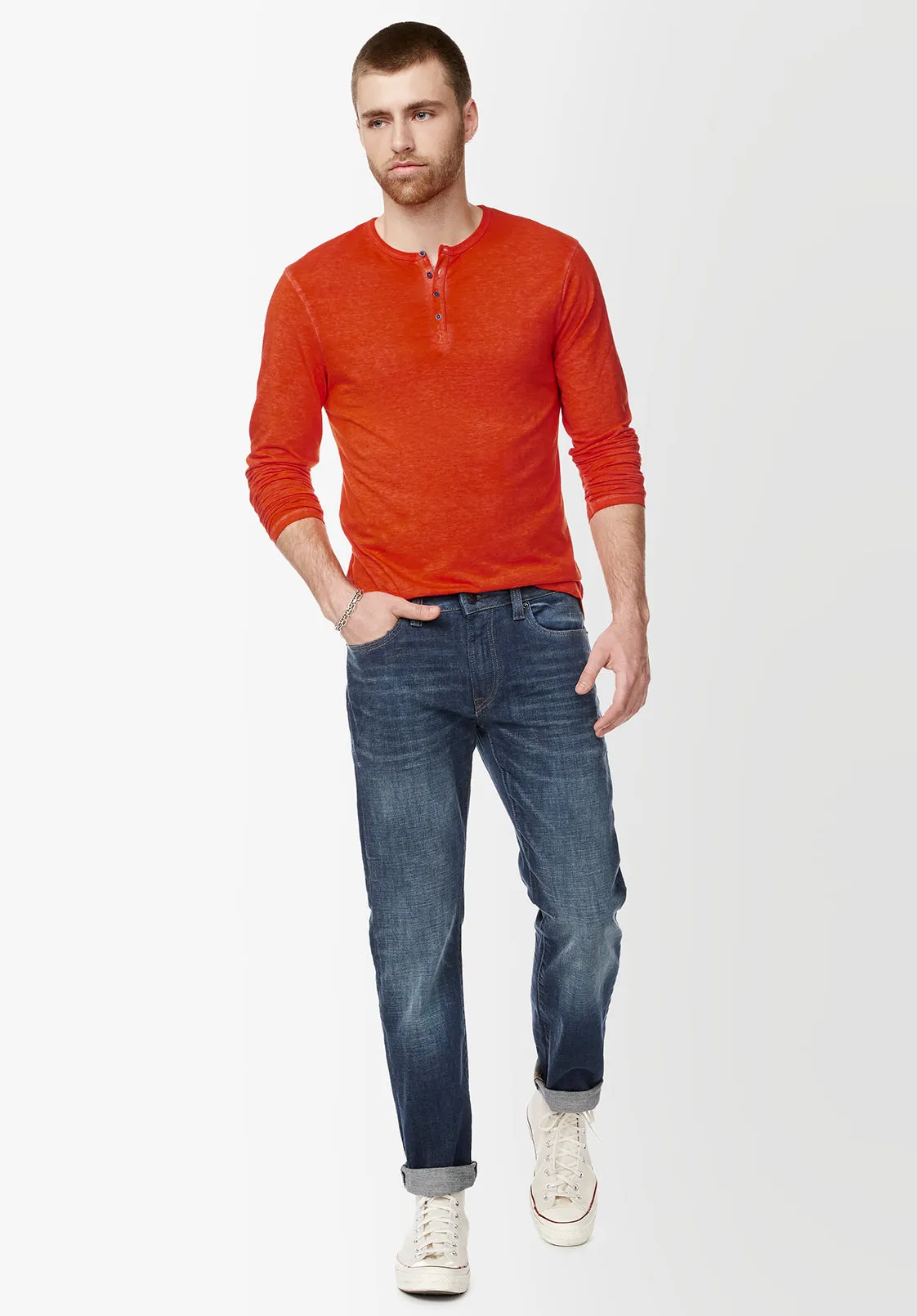 Kaduk Men's Long-Sleeve Burnout Henley Top in Orange - BM23992