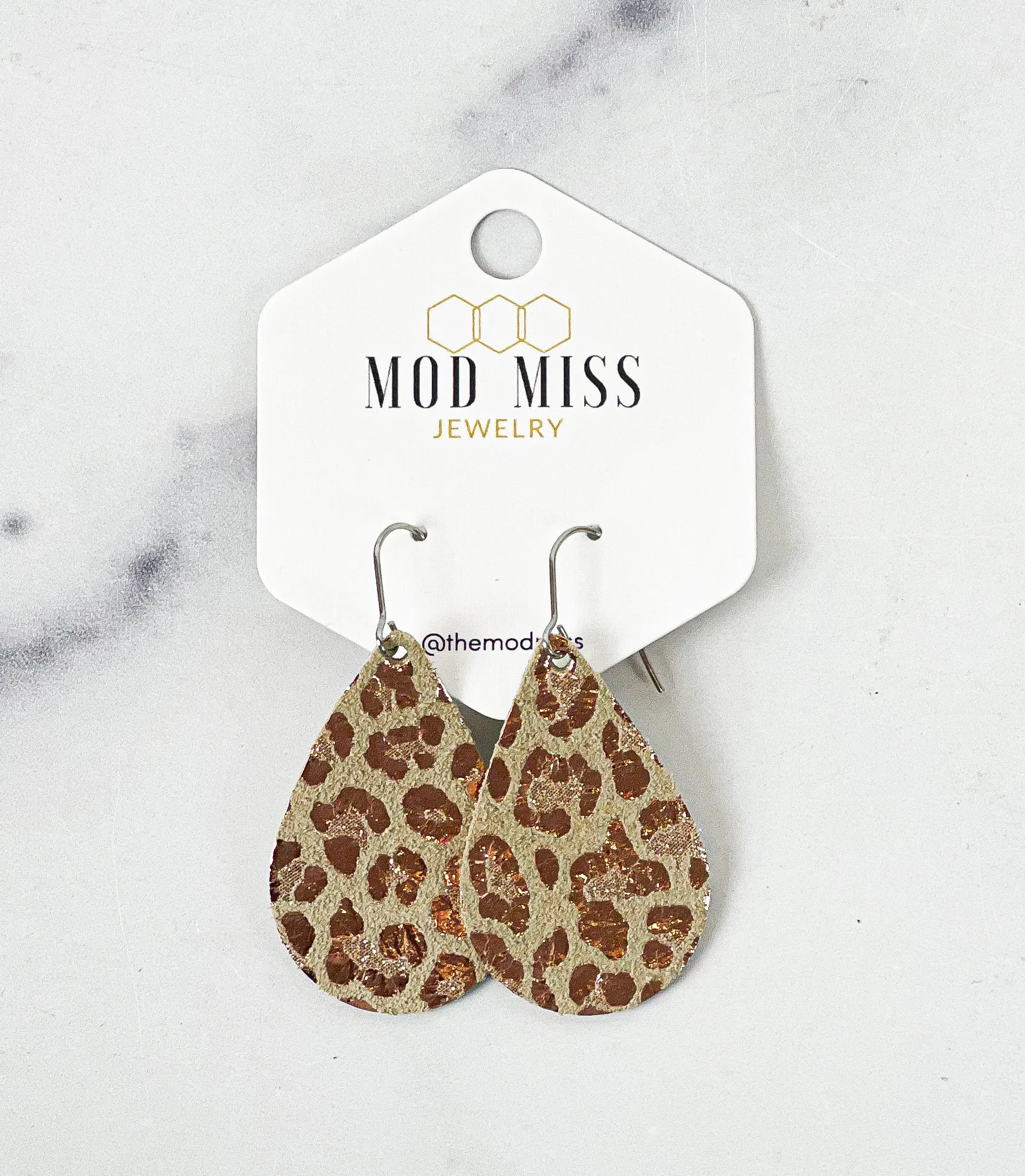 Leather Teardrop Earring Leopard Rose Gold on Beige