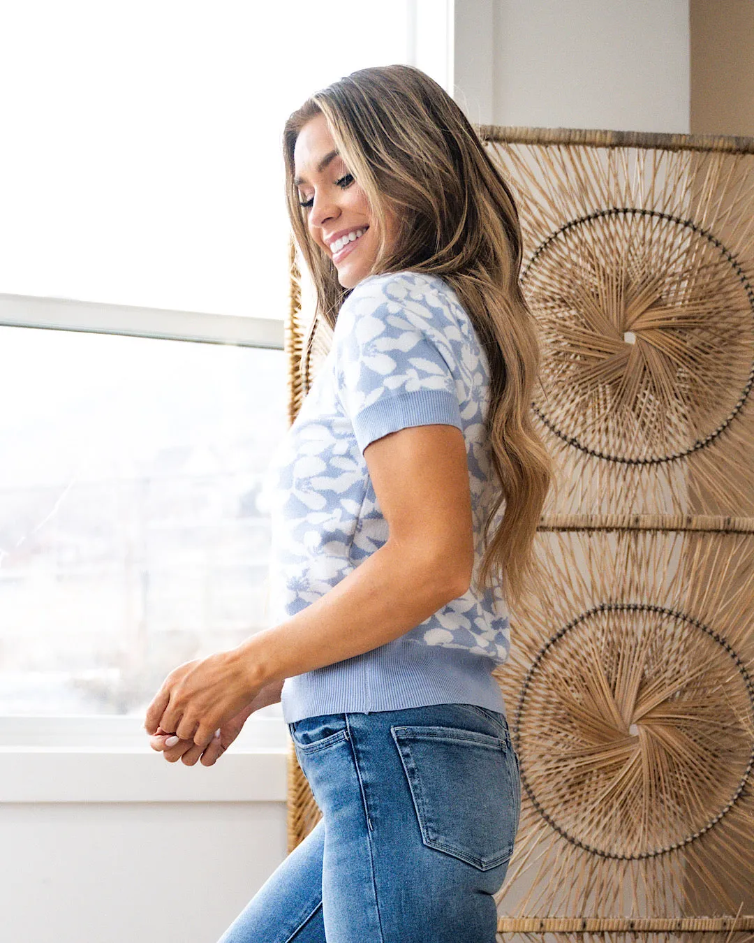 NEW! Lisa Floral Short Sleeve Sweater - Light Blue