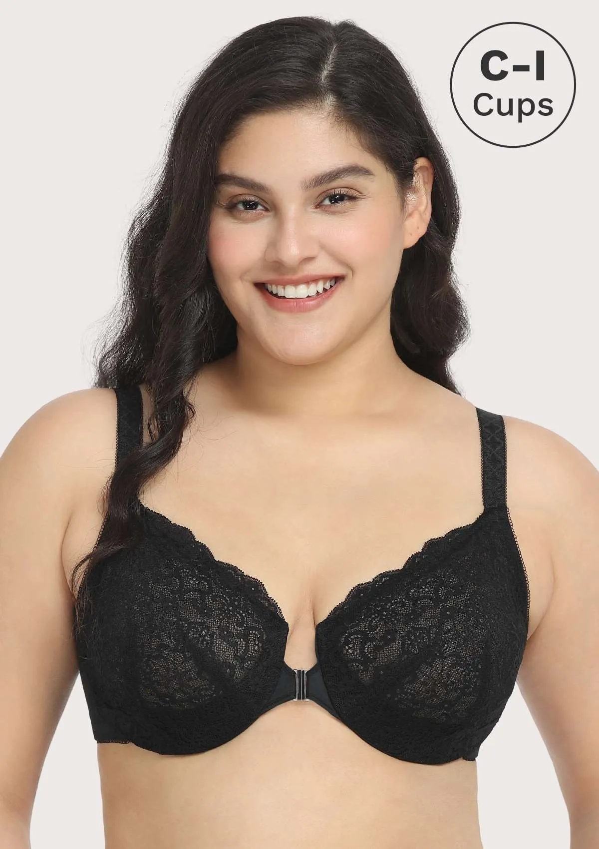 Nymphaea Front-Close Black Retro Floral Lace Unlined Bra Set