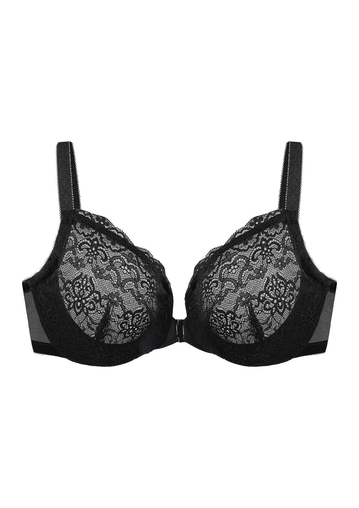 Nymphaea Front-Close Black Retro Floral Lace Unlined Bra Set