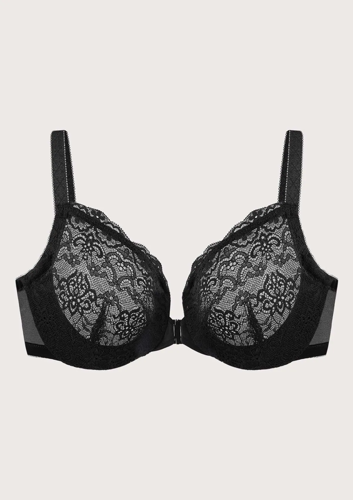 Nymphaea Front-Close Black Retro Floral Lace Unlined Bra Set