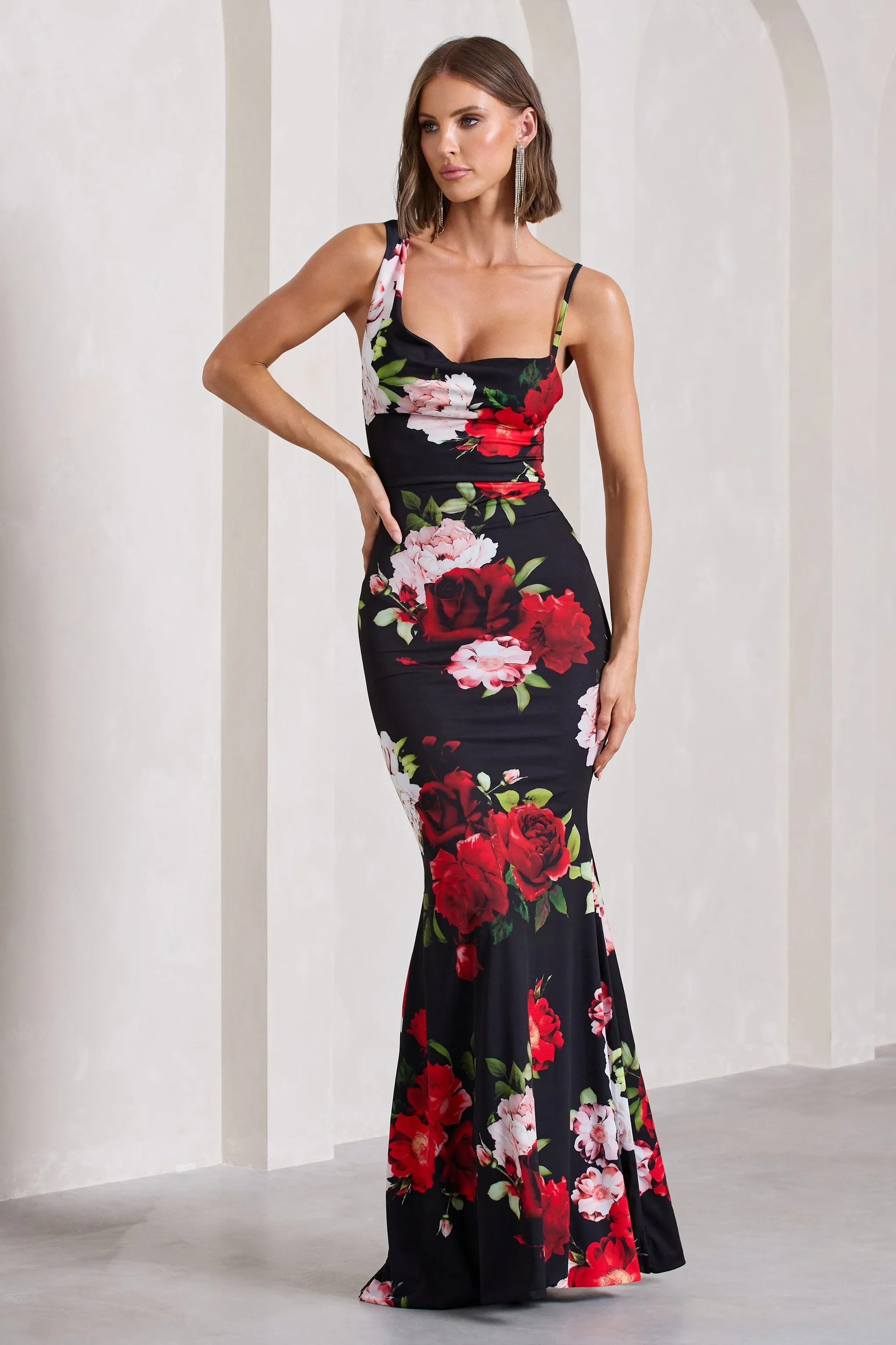 Phantasy | Black Floral Print Asymmetric Neckline Cowl Maxi Dress