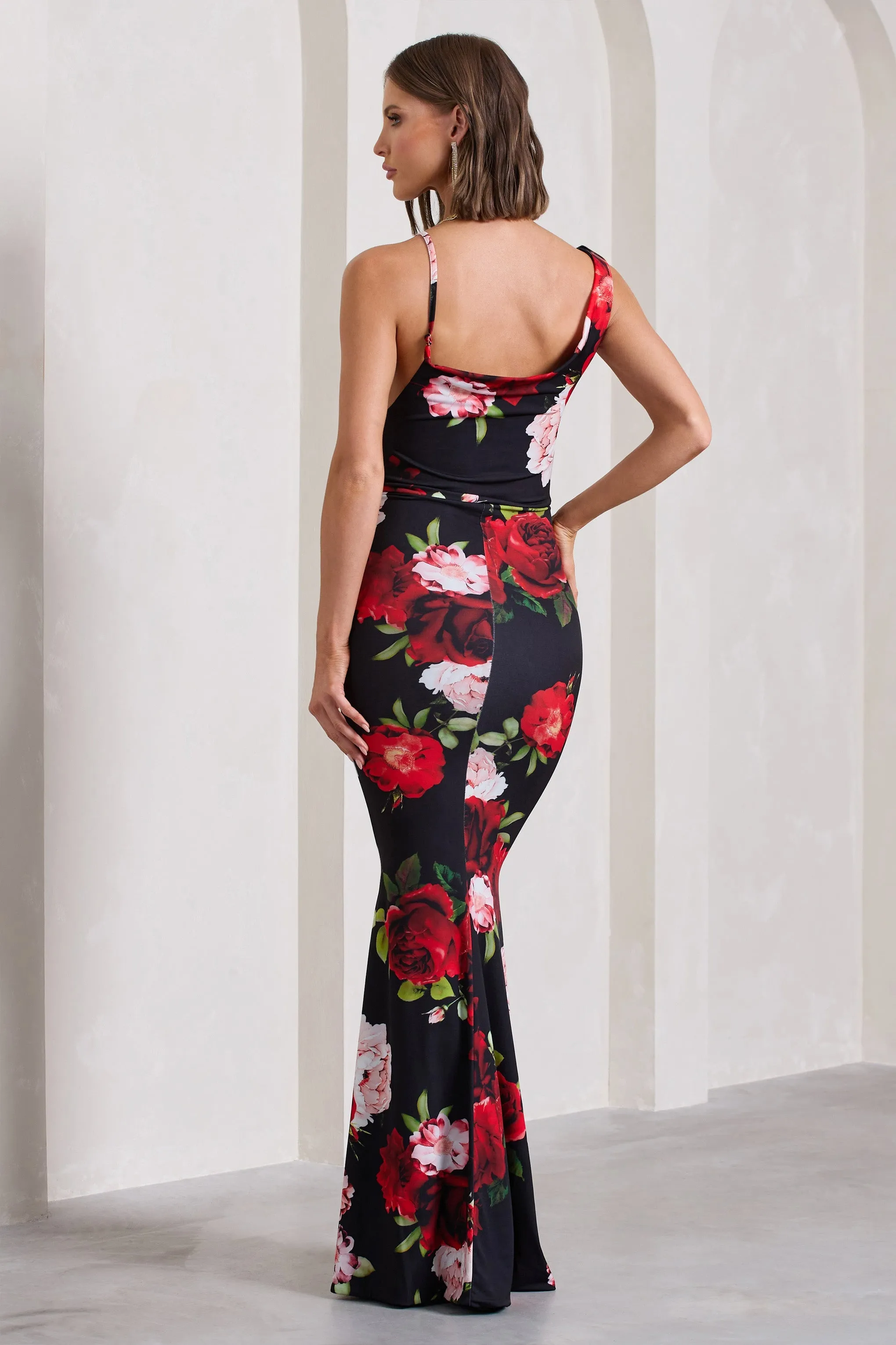 Phantasy | Black Floral Print Asymmetric Neckline Cowl Maxi Dress