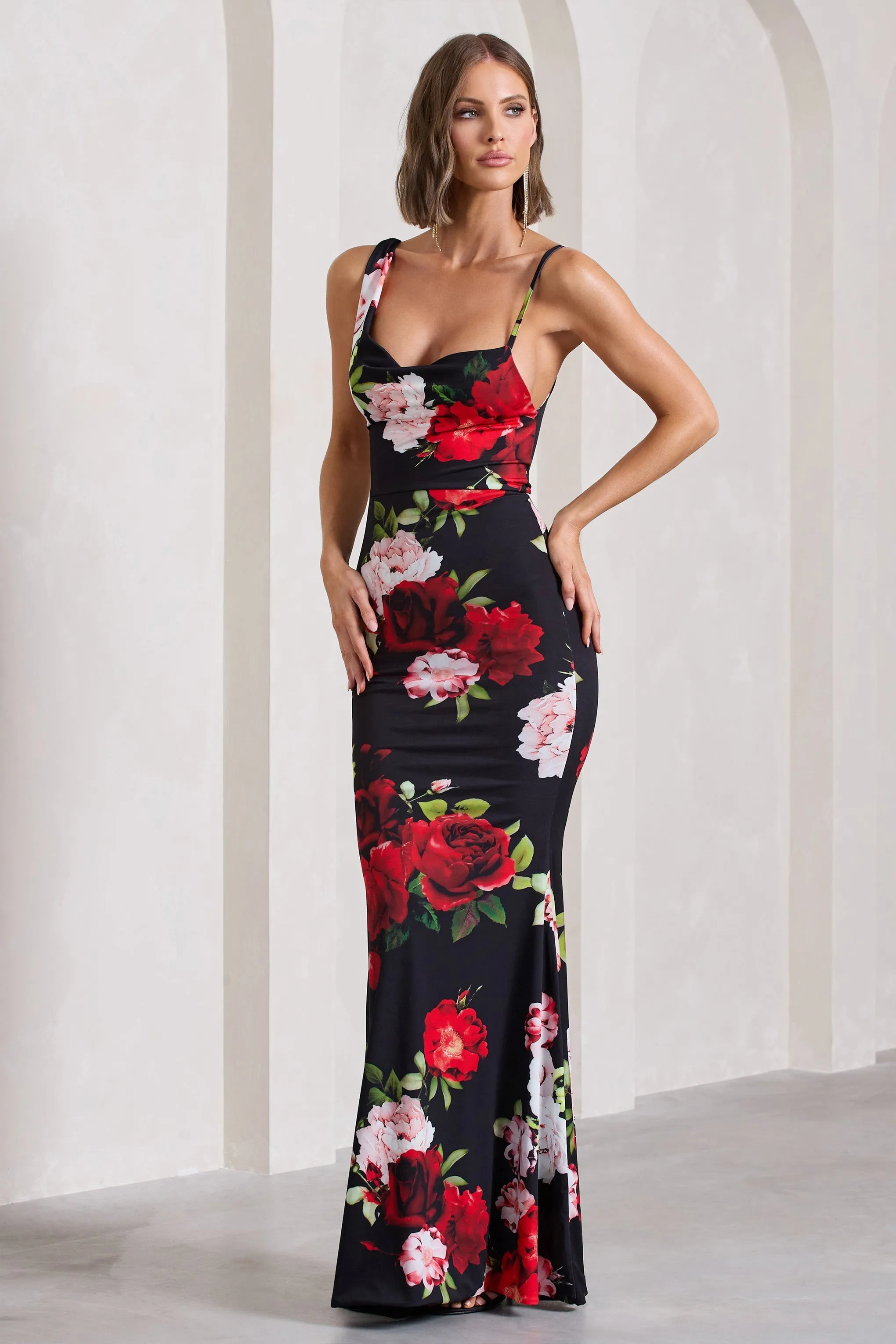 Phantasy | Black Floral Print Asymmetric Neckline Cowl Maxi Dress