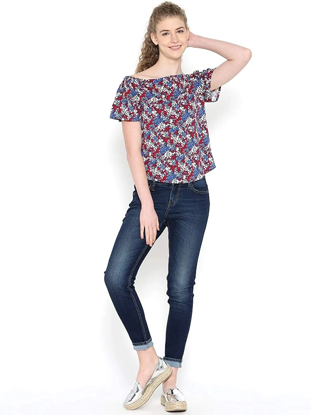 Style Quotient Women Blue Off-Shoulder Floral Fashion Tops