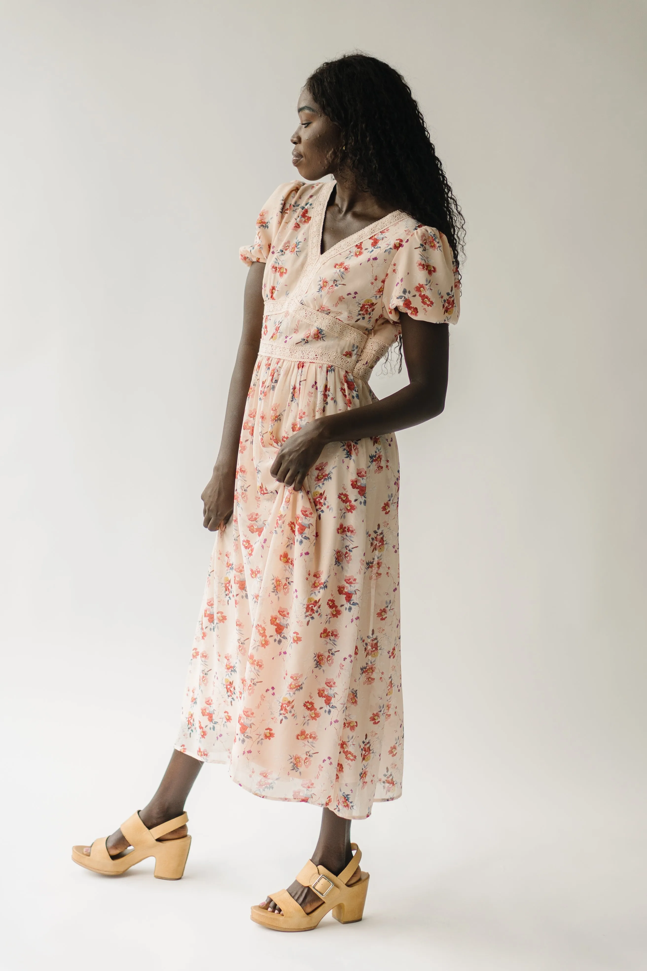 The Doral Floral Midi Dress in Light Peach