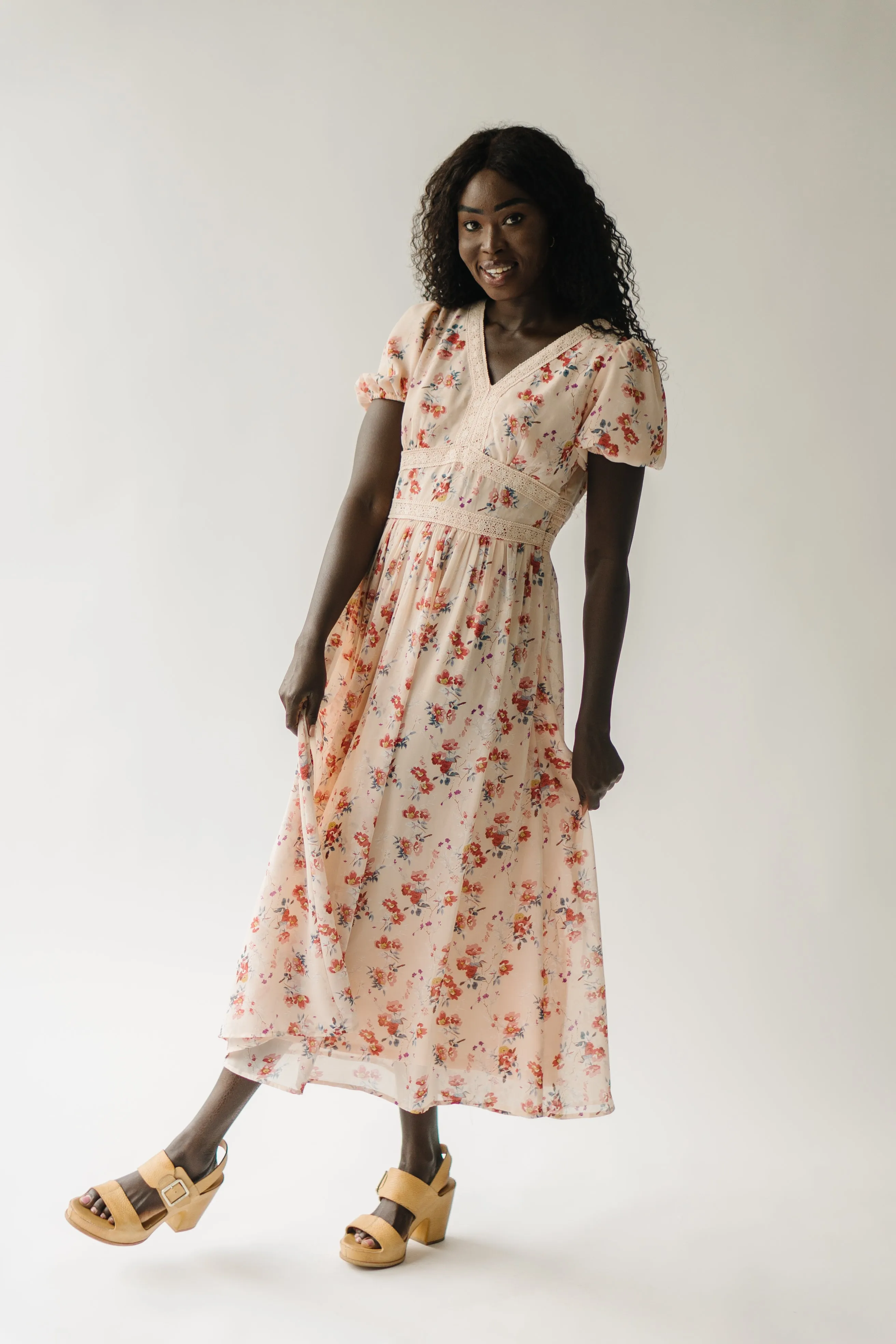 The Doral Floral Midi Dress in Light Peach