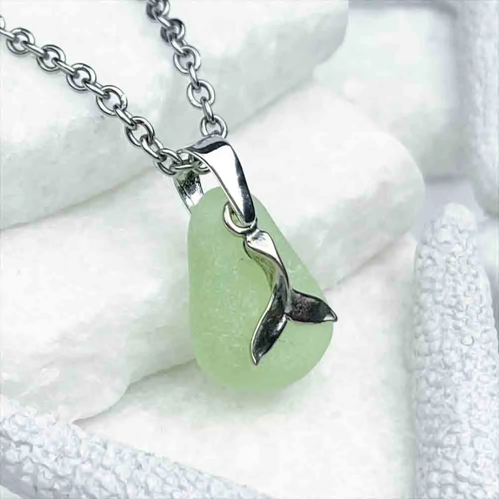 UV Sea Glass Pendant with Sterling Silver Whale Tail Charm | #5297