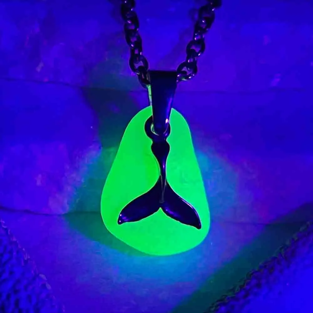 UV Sea Glass Pendant with Sterling Silver Whale Tail Charm | #5297