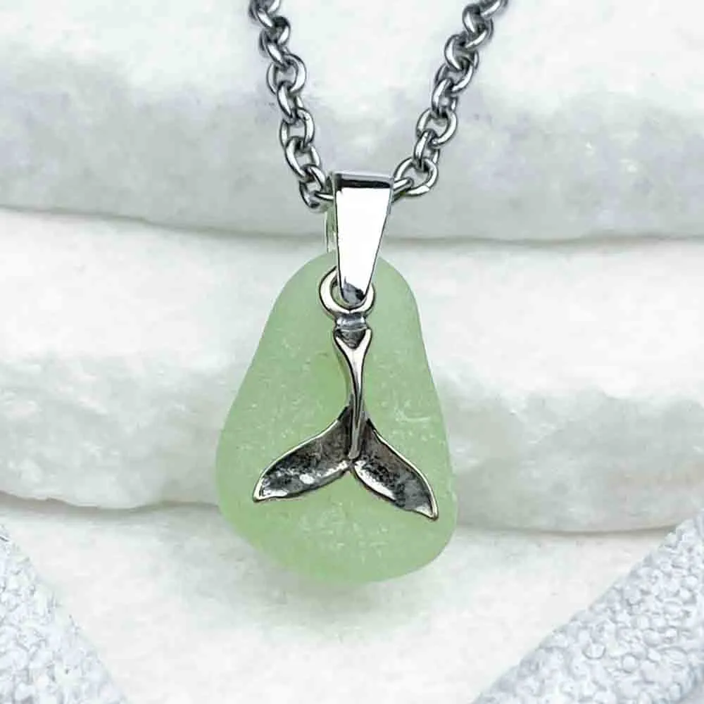 UV Sea Glass Pendant with Sterling Silver Whale Tail Charm | #5297