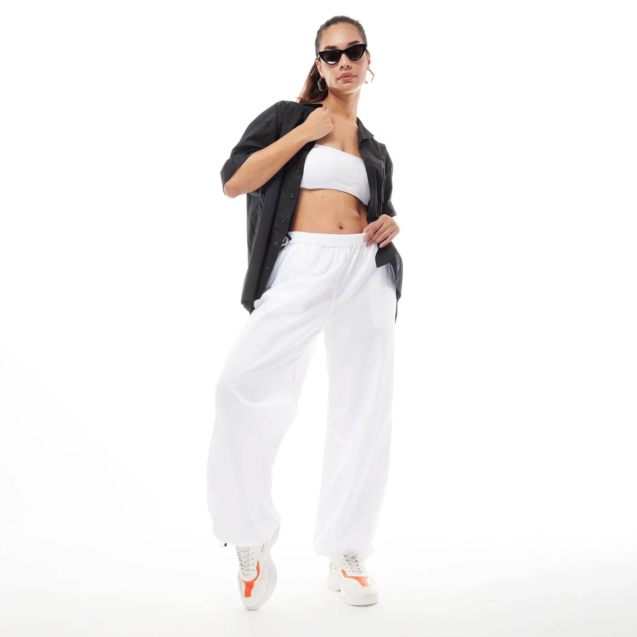 White Parachute Pants & Drip Shirt Combo for Women