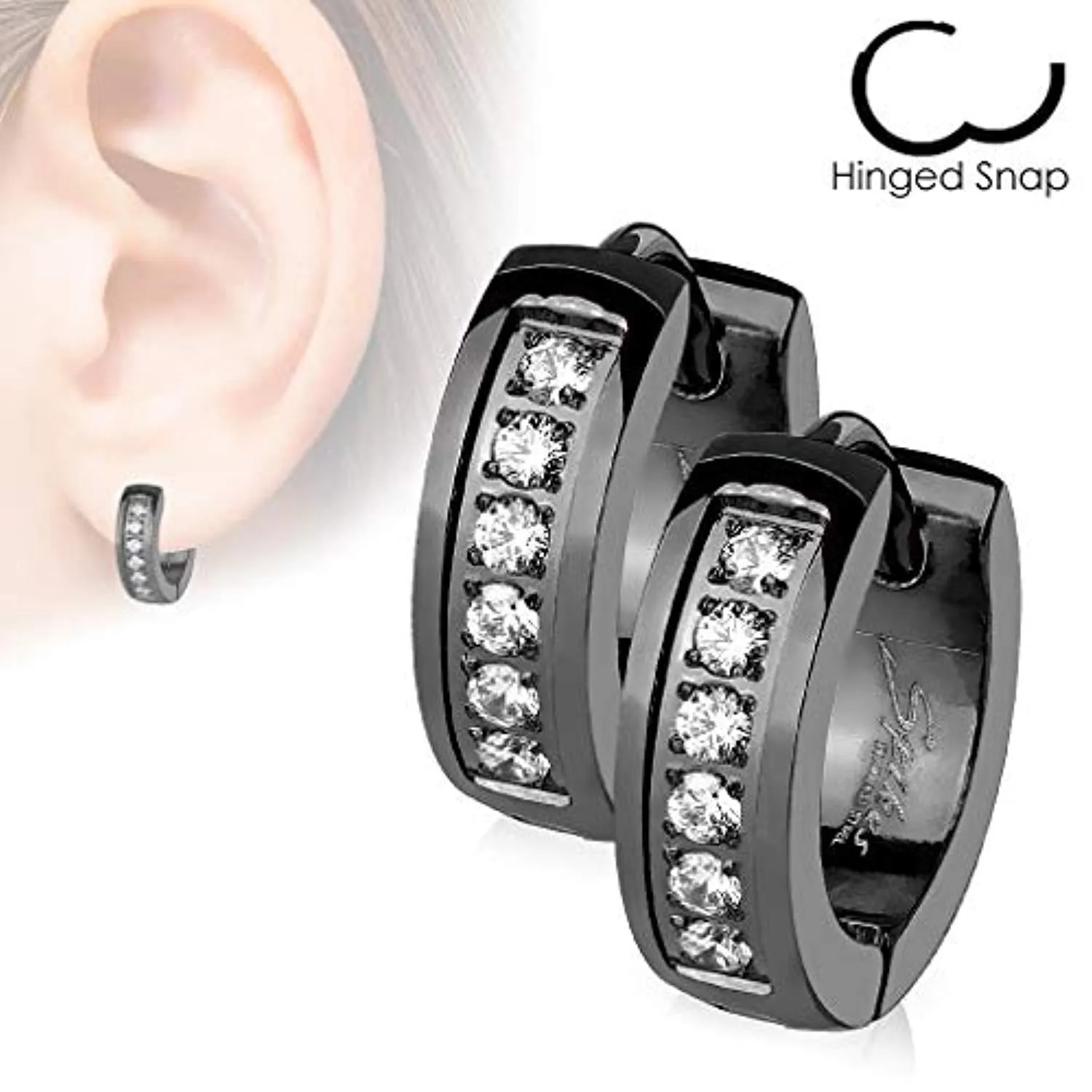 WildKlass Pair of CNC Set Lined CZ Stainless Steel Hoop/Huggie Earrings