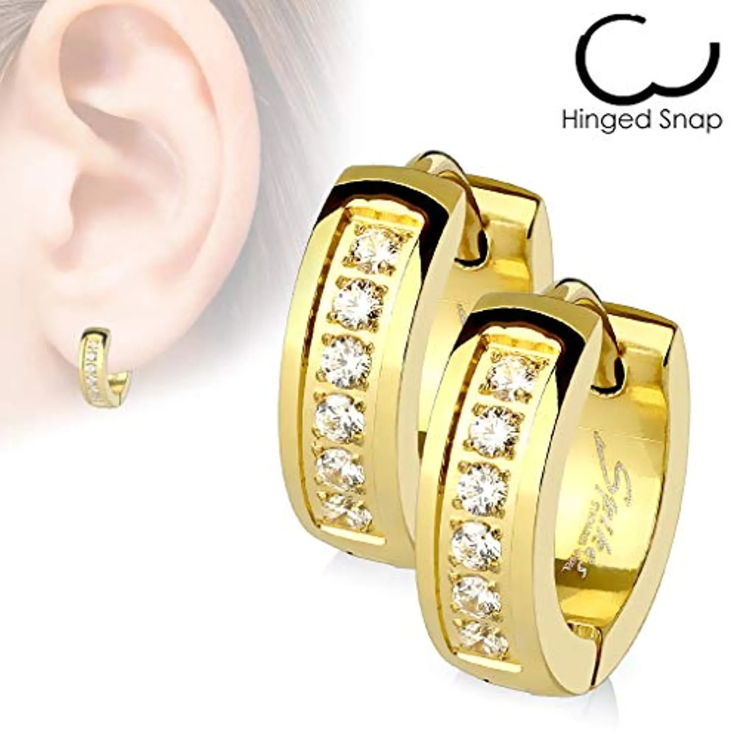 WildKlass Pair of CNC Set Lined CZ Stainless Steel Hoop/Huggie Earrings